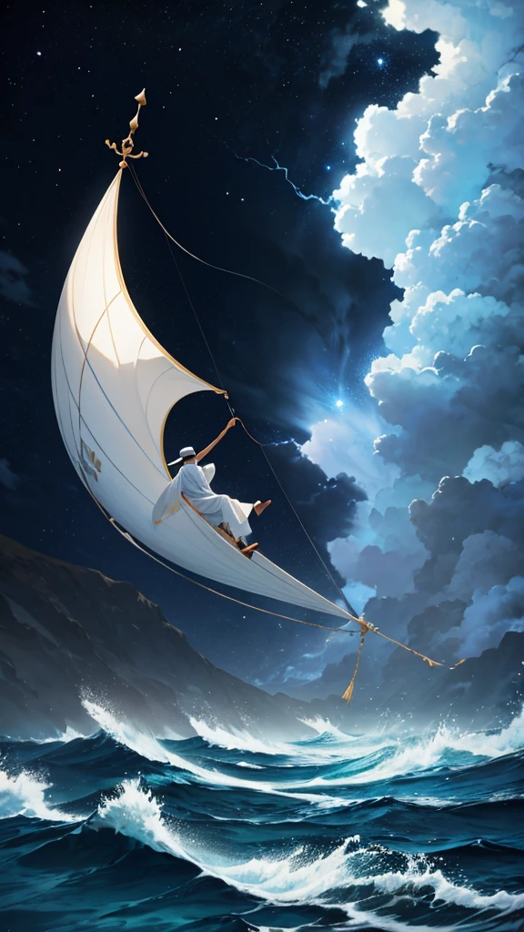 An arabic man with white clothes adrift in middle a sea. Storm everywhere. Dark sky.