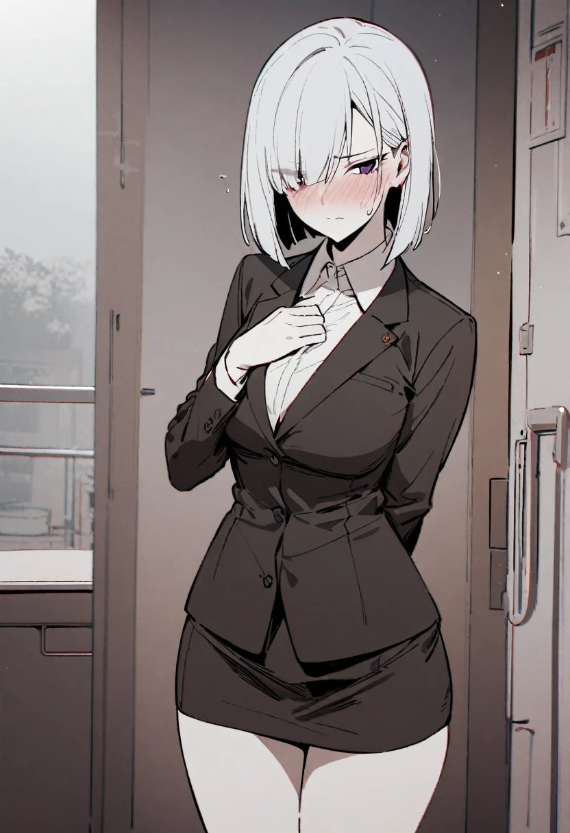 (high quality, 8k, 4K, high contrast, artwork:1.2, high quality, best aesthetics), (dynamic angle), ((1 woman)), erotic, sensual, mature body, super detailed, beautiful face detailed, beautiful eyes detailed, detailed beautiful mouth, sexy body, perfect breats, perfect wide thighs, white hair, straight white hair, long white hair, red eyes, blushing, shy facial expression, red dress shirt, black dress jacket, black dress pants, standing, centered, looking at the viewer, bedroom, erect body posture.