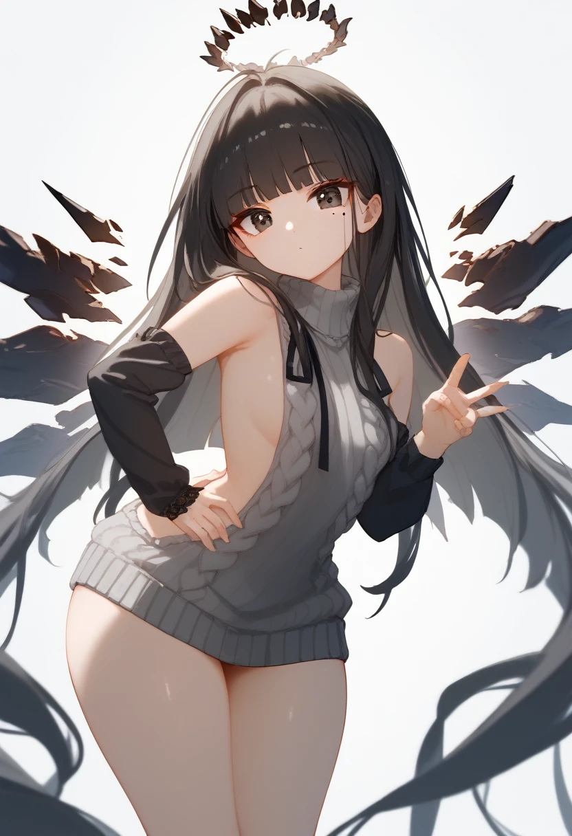 (score_9, score_8_up, score_7_up), 1girl, VirtuosaBase, cute, (chibi:0.7), black hair, blunt bangs, long hair, broken halo, energy wings, black eyes, mole under right eye, small breasts, virgin killer sweater, detached sleeves, gray sweater, single hand victory pose, hand on hip, leaning forward, looking at viewer, upper body, zoom out, white background, huge ass , ass , underboob ,under breasts , thighs , big thighs , thicc thighs , ass 