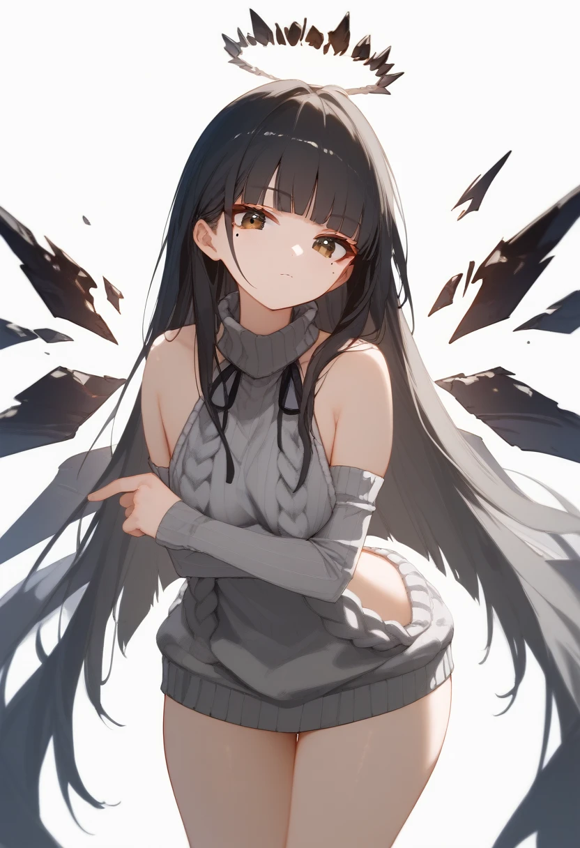 (score_9, score_8_up, score_7_up), 1girl, VirtuosaBase, cute, (chibi:0.7), black hair, blunt bangs, long hair, broken halo, energy wings, black eyes, mole under right eye, small breasts, virgin killer sweater, detached sleeves, gray sweater, single hand victory pose, hand on hip, leaning forward, looking at viewer, upper body, zoom out, white background, huge ass , ass , underboob ,under breasts , thighs , big thighs , thicc thighs , ass