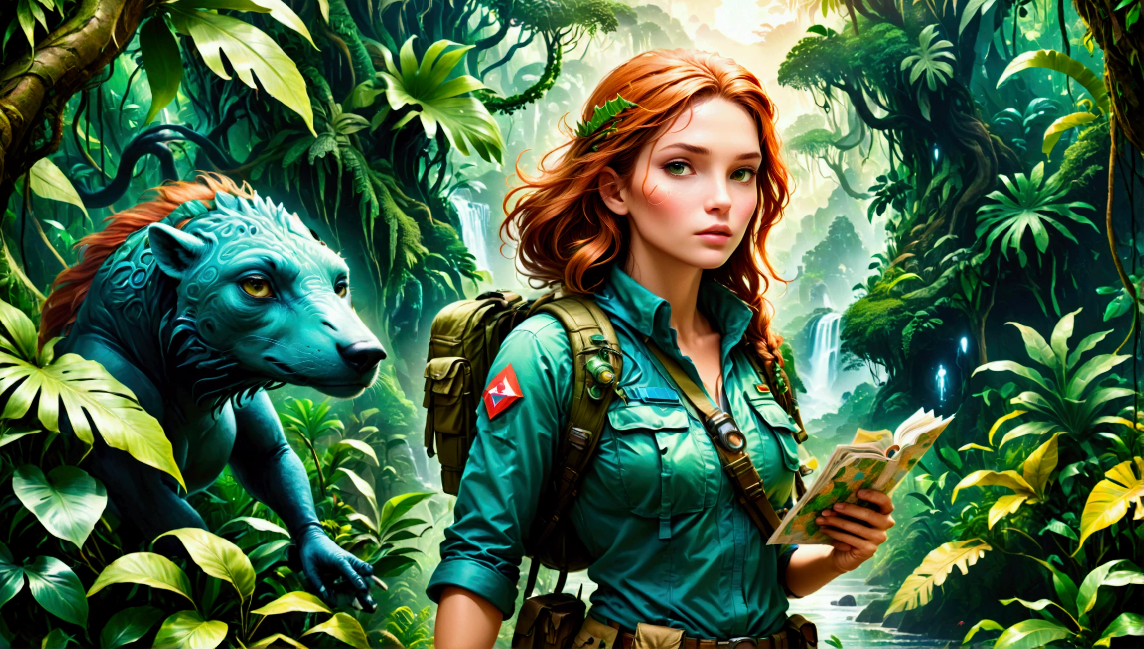 Bold, Female explorer in expedition gear, Holding a map, looking for unknown civilization in the dense forest, A tropical island with lush forests and unknown dangers as the background, On the right side of the picture is a huge jungle creature hidden in the dense vegetation.，Looming，Very dangerous，(masterpiece, best quality, professional, Perfect composition, very aesthetic, Extremely detailed, Intricate details:1.3)
