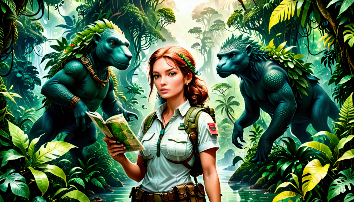Bold, Female explorer in expedition gear, Holding a map, looking for unknown civilization in the dense forest, A tropical island with lush forests and unknown dangers as the background, On the right side of the picture is a huge jungle creature hidden in the dense vegetation.,Looming,Very dangerous,(masterpiece, best quality, professional, Perfect composition, very aesthetic, Extremely detailed, Intricate details:1.3)