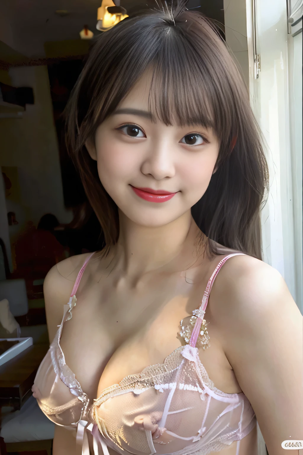 (Best Quality,4K, 8K, hight resolution, masutepiece:1.5), Ultra-detailed, (Realistic ,Photorealistic ,Photorealsitic:1.8), 1girl in, (Perfect body :1.8), Ultra-detailed face, Detailed lips, Detailed eyes, Sexy double eyelids, Beautiful detailed eyes, Beautiful detailed lips, sexy flirty pose, Hi-Res, Cinematic Angle, Professional Lighting, Unity 8k Wallpaper, Aesthetic, masterpiece, top-quality, Shy laughter, South Island, Waikiki, indoors, (Large Breasts:1.5), (Slim Body:1.5), (Cute See-through Lingerie:1.5), (18years old:1.8),