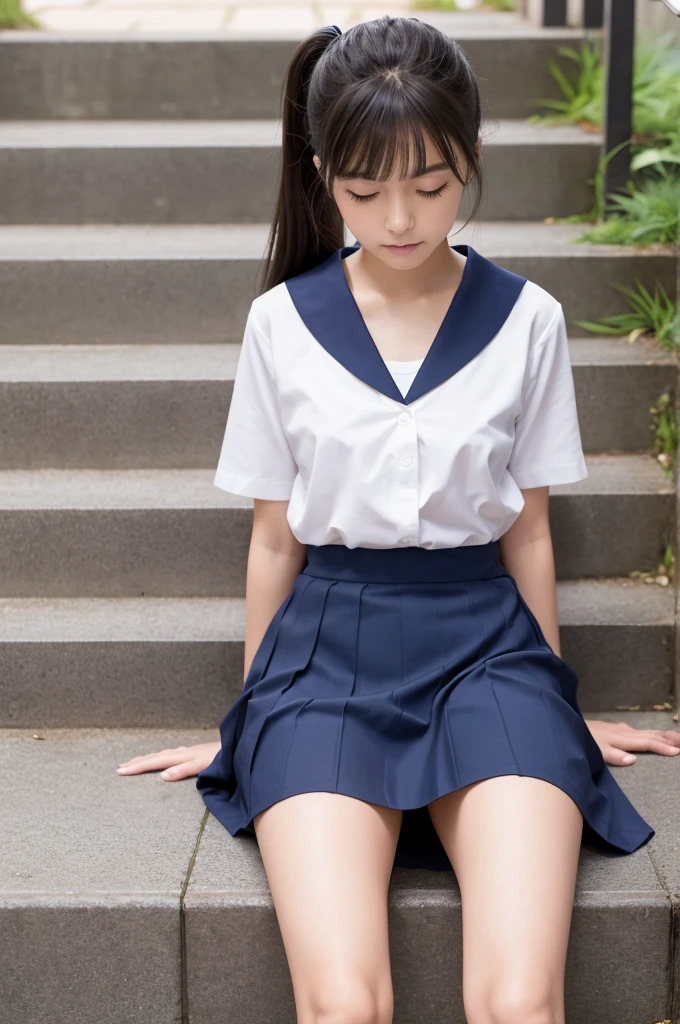 13-year-old girl Eyes closed Mouth closed show panties Panties are completely visible while sitting on the floor 真っ白の一日履いているけれども染み一つないまさにclearといった感じの綿のパンティ Her skirt flips up and her panties are completely visible Sitting on the concrete stairs Her dark hair is tied in a ponytail quite low on her head. Arms folded in front of chest Very narrow eyes Very droopy eyes clear Bearish Slim figure Navy blue sailor suit Navy Skirt