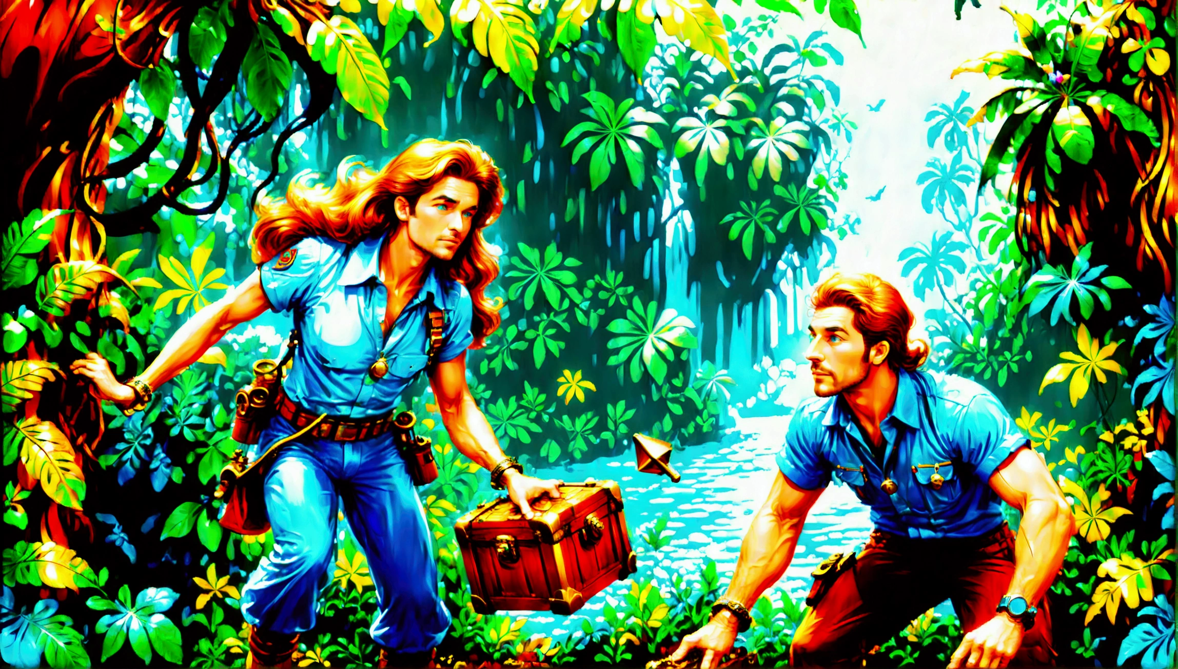 Imagine a colorful jungle adventure scene。(A man and a woman:1.9),(Both are explorers.,Searching for treasure in the jungle:1.9),They are surrounded by lush green foliage and colorful exotic flowers.。A brightly colored parrot perched nearby,Bright blue sky in the background can be seen through the jungle canopy,A fast-flowing river runs through the land,The river water sparkles in the tropical sun,This picture should sum up the excitement and beauty of exploring the tropical jungle.