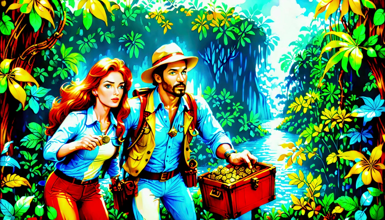 Imagine a colorful jungle adventure scene。(A man and a woman:1.9),(Both are explorers.,Searching for treasure in the jungle:1.9),They are surrounded by lush green foliage and colorful exotic flowers.。A brightly colored parrot perched nearby,Bright blue sky in the background can be seen through the jungle canopy,A fast-flowing river runs through the land,The river water sparkles in the tropical sun,This picture should sum up the excitement and beauty of exploring the tropical jungle.