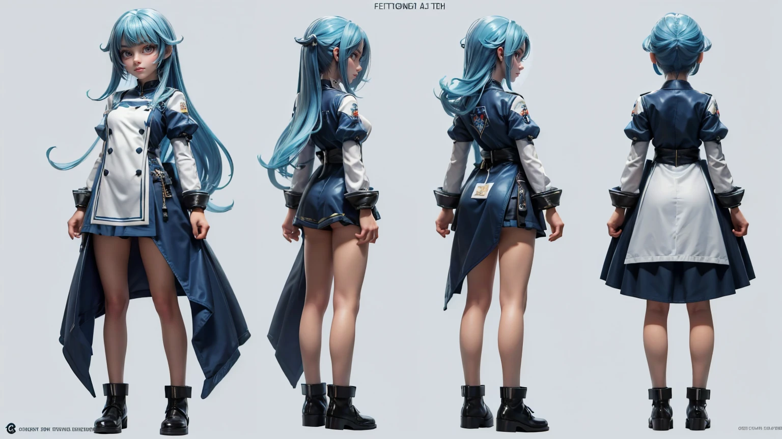 girl, wearing a wearing a futuristic chef's uniform with various cooking gadgets, Bob Bang , Aqua Mint  , gaming full straight standing pose,  student, , Full body, girl, , Simple plain background, HD, standing, modern , front view, modern dresses, unique,+3 View prompt standing, 3 View Drawings, side and Front and back, Character Sheet, Full body, Simple white background, character reference sheet, Concept art, design sheet, Character Design, full body adoptable horizontal clear and blue hair 