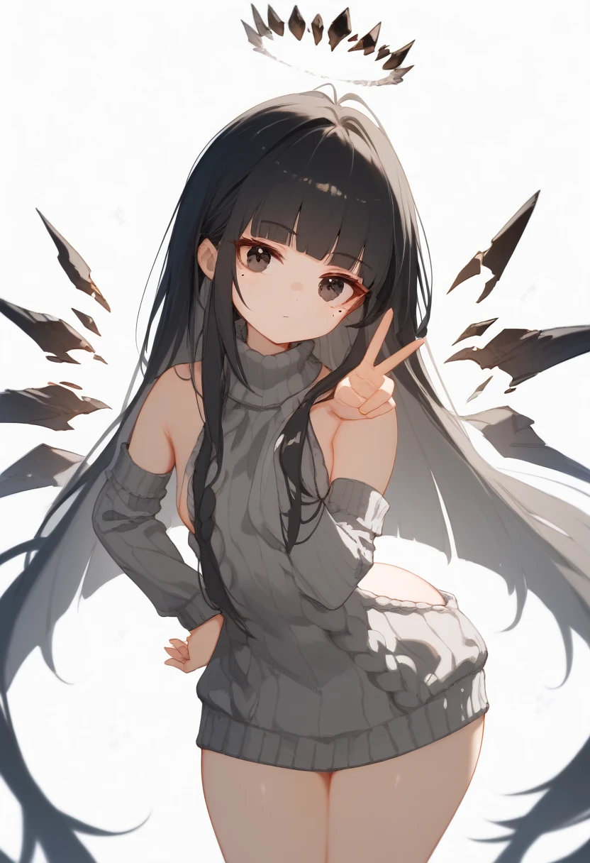 (score_9, score_8_up, score_7_up), 1girl, VirtuosaBase, cute, (chibi:0.7), black hair, blunt bangs, long hair, broken halo, energy wings, black eyes, mole under right eye, small breasts, virgin killer sweater, detached sleeves, gray sweater, single hand victory pose, hand on hip, leaning forward, looking at viewer, upper body, zoom out, white background, huge ass , ass , underboob ,under breasts , thighs , big thighs , thicc thighs , ass , tanding split , standing spilt legs ,