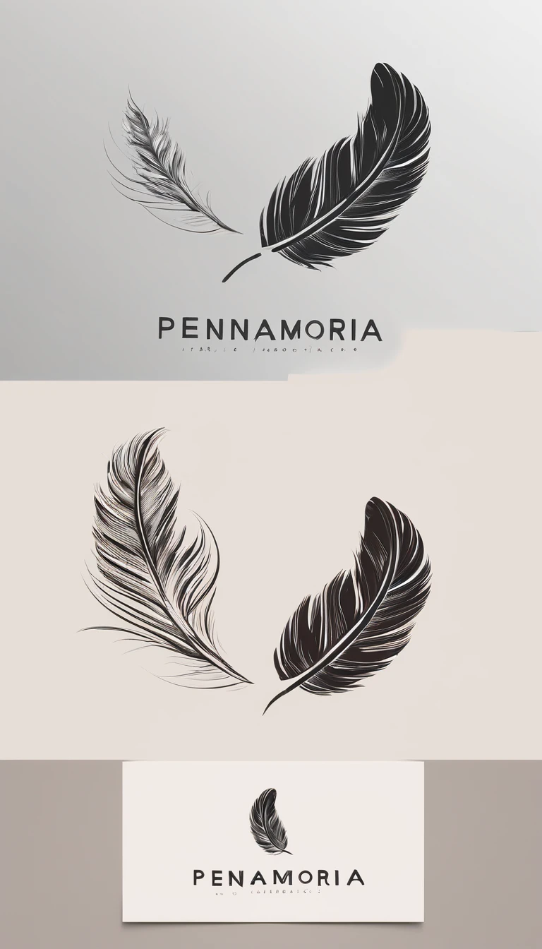 A minimal, modern, simple, cinematic logo design for the brand “Penamemoria". Create a modern, minimalistic, high-quality, masterpiece, fantastic, poetic feather that symbolizes dreams and stories.