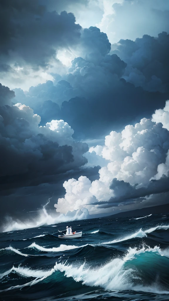 A man with white clothes adrift in middle a sea. Storm everywhere. Dark sky.