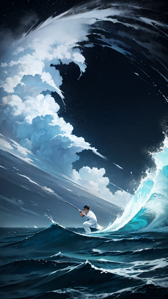 A man with white clothes adrift in middle a sea. Storm everywhere. Dark sky.
