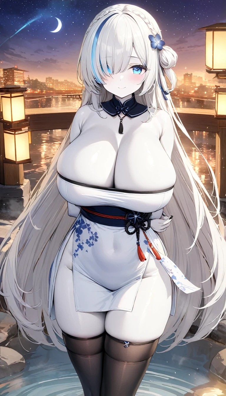 (masterpiece, high quality, high detail, 4k, rtx, high resolution:1.2),blue_streaked_hair,hair_over_one_eye, blue_eyes,very long hair,braid,white hair_ornament,white skin,black nail_polish,aged_down, cute face,solo,1girl, aerial_fireworks, architecture, aurora, bridge, building, city_lights, cityscape, cloud, constellation, crescent_moon, earth_(planet), east_asian_architecture, festival, fireflies, fireworks, flower, fountain, full_moon, galaxy, hair_ornament, horizon,(white dress, tubetop dress, china_dress, sexy pose:1.3), thighs, thighhighs,(strapless:1.2), (beautiful huge breasts:1.5),lantern, light_particles, looking_at_viewer, milky_way, moon, moonlight, night, night_sky, obi, onsen, outdoors, paper_lantern, planet, reflection, sash, shooting_star, sky, skyline, skyscraper, smile, snow, snowing, solo, space, sparkle, standing, star_(sky), star_(symbol), starry_background, starry_sky, starry_sky_print, summer_festival, sunrise, tanzaku, telescope, torii, tower, twilight,wading, water,arms behind back,finger polish