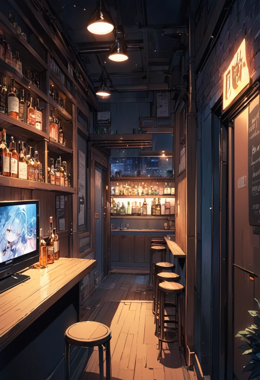 a night bar outside, in the corner of a city, with a television inside