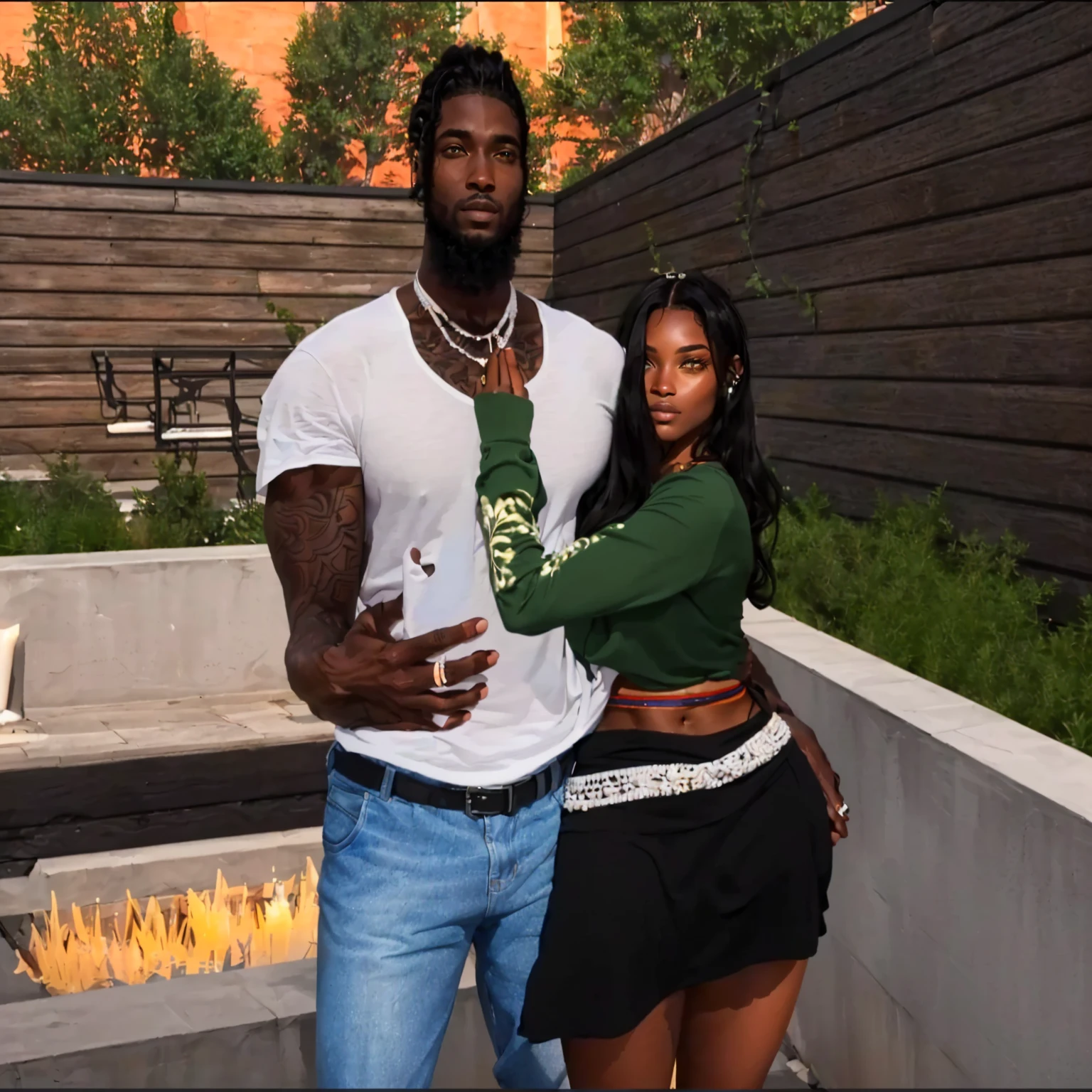 il y a un homme et une femme debout l’un à côté de l’autre, pose de couple,, ( ( peau sombre ) ), musclé et imposant, Avatar de seconde vie,