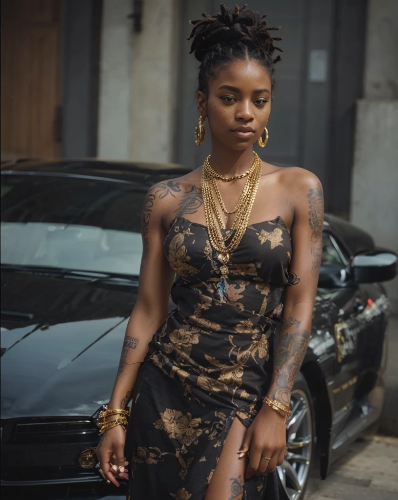 A beatifull gorgeous and sexy black woman with dreadlock some tatoo and gold chain in subjective position a suprcar on her back with high resolutionphotograph usin a 85mm lens for a flattering perspectiv