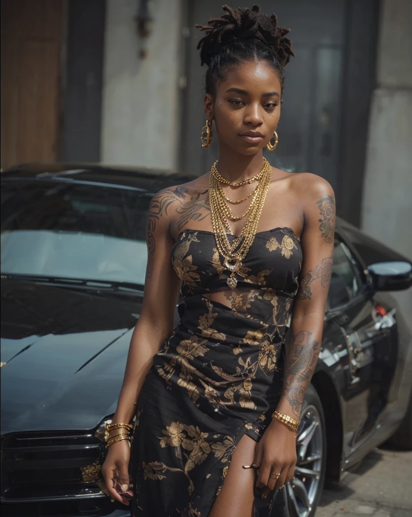 A beatifull gorgeous and sexy black woman with dreadlock some tatoo and gold chain in subjective position a suprcar on her back with high resolutionphotograph usin a 85mm lens for a flattering perspectiv 