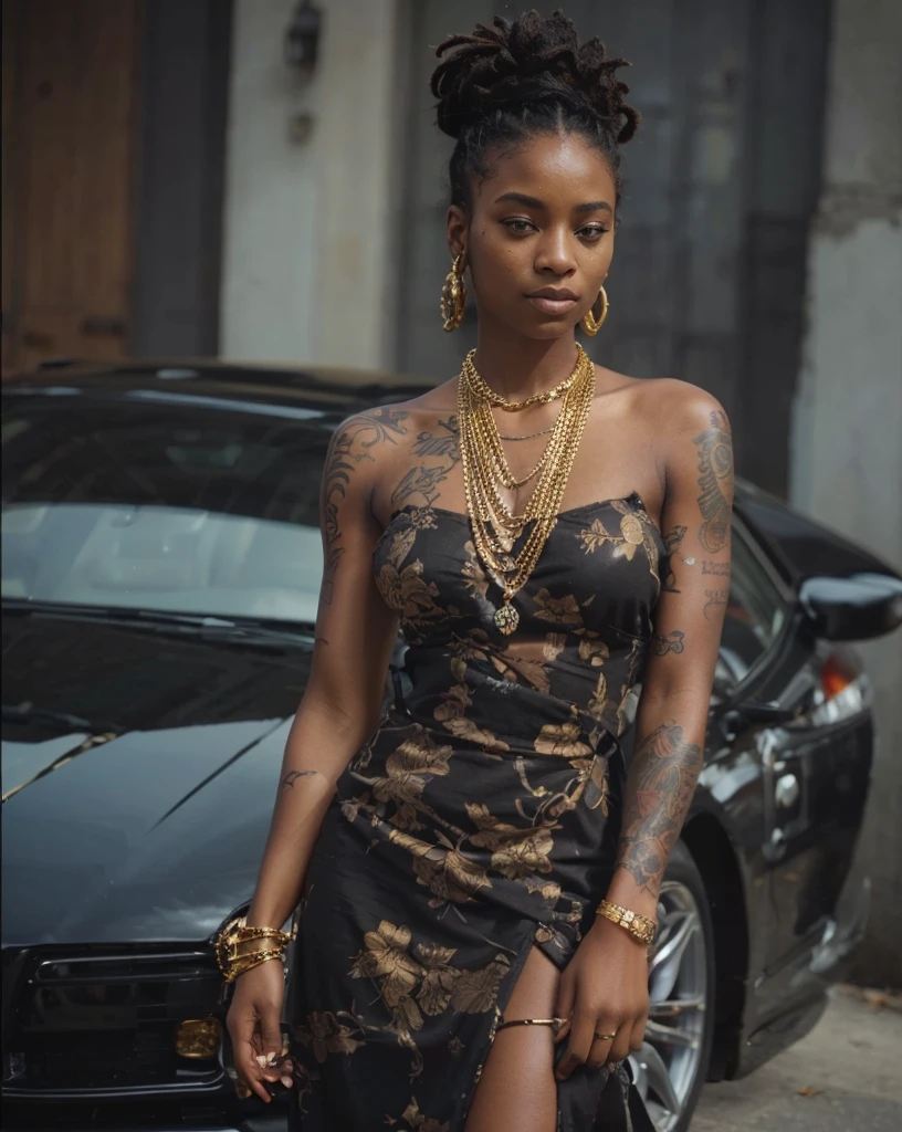 A beatifull gorgeous and sexy black woman with dreadlock some tatoo and gold chain in subjective position a suprcar on her back with high resolutionphotograph usin a 85mm lens for a flattering perspectiv 
