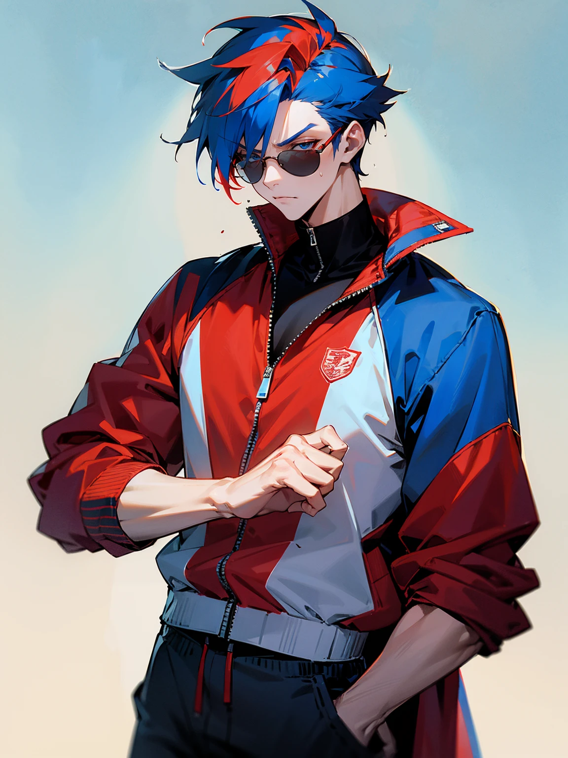 1male, adult, red and blue hair, two toned hair, red and blue varsity jacket, black sweatpants, serious, lean build, red sunglasses