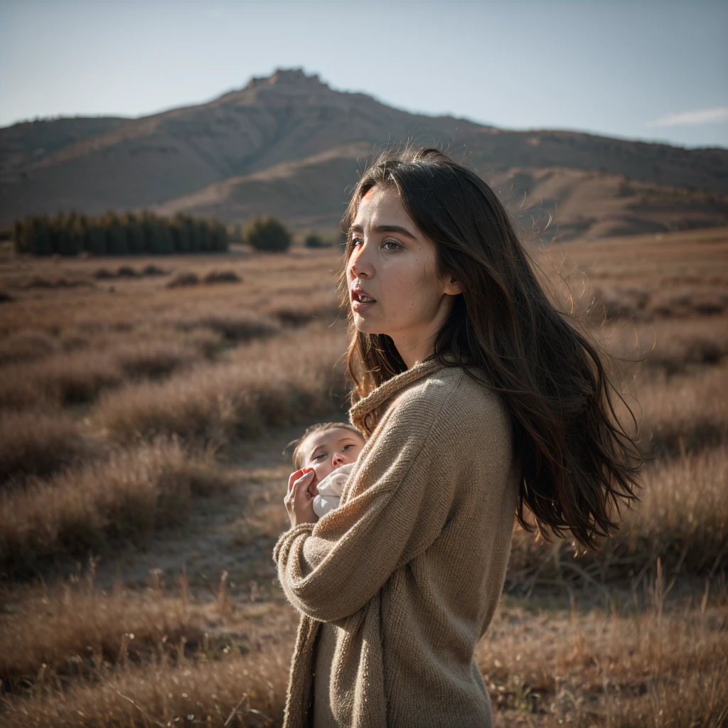 (YES SFW), A brown-skinned woman finds herself fused with a mountain, creating a surreal and emotional scene. The woman, covered with a multicolored mantle of the earth, cries copiously while holding a newborn baby in her arms. The baby also cries, obviously starving since he can't suck his mother's milk. realistic hands.
Woman's body blends seamlessly into the mountainous backdrop, creating a powerful and poignant image. Her tears stream down her face, mixing with the earthy hues of the landscape. The baby, wracked with sobs, reaches towards her breast, symbolizing the deep yearning for nourishment and connection that exists between mother and .
The colors used in the painting reflect the rich tones of the earth, with shades of brown, green, and blue evoking the natural world. The woman's coat is painted in bold, swirling patterns, mirroring the dynamic energy of the landscape. The overall effect is one of intense passion and sorrow, capturing the raw emotion of a mother's love for her.
compositing: The composition of the painting is designed to create a sense of movement and energy, with the woman's body curving forward, as if suspended in the air. The baby is in the center of the image, surrounded by the Woman's arms, who hugs him tightly. The mountain stretches behind them, soft and undulating, like a great snake protecting them.
Lighting: The lighting of the scene is designed to highlight the texture and shape of the woman's body and the mountain. Dynamic lights and shadows create an effect of movement and energy, as if the scene was animated by the passion and pain of the woman.