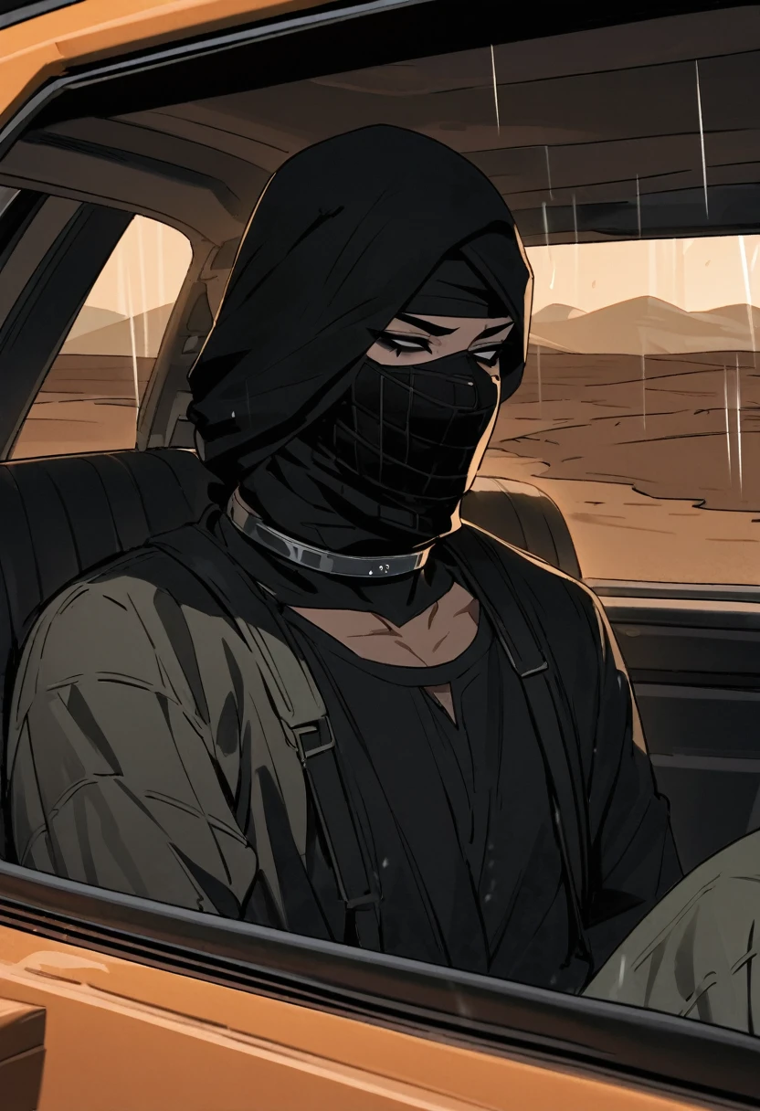 Male arab modern terrorist, terrorist, black balaclava, black bandage, black clothes, thin waist, femboy, light skin, makeup, black eyeliner, big eyelashes, black eyeshadow, half open eyes, metal choker, inside the car, desert, night, rain 