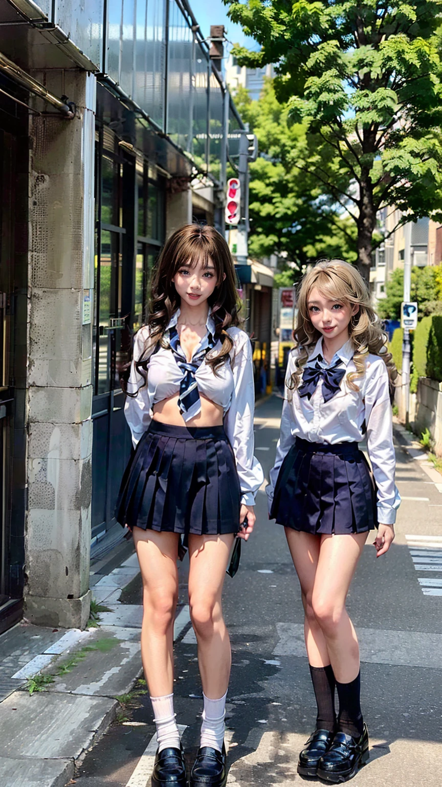 (Two women:1.8), A gal of about the same height, (Two high school girls), (Shopping mall, Shopping Street, street, Outdoor), Full body portrait, Photograph the whole body, Are standing, (Tall, Thin thighs, Elongated arms and legs, Small waist, Small hips), ((Highly detailed skin), Beautiful realistic face, White skin, Pointed Chest, Perfect Anatomy, Realistic eyes, Natural Eyes, Brown eyes, Accurate eye focus, Accurate limbs), (Hyper Realist, Ultra-realistic, 4K, Attention to detail, Ultra-high resolution, Highest quality, masterpiece, Presence, dynamic, Uplifting, bold, Sharpness), (Big Breasts:1.5), (Cleavage:1.5), (Blonde long hair:1.5, loose wavy long hair:1.5, Loose curly hair:1.5), (sleek bangs), (Twin tail hair), ((White collared shirt, Navy pleated mini skirt, Navy colored socks, Black loafers, Ribbon tie)), High school girl in uniform, Surreal high school girl, tall, High school girls in uniform, smile, Slouching, Cleavageを強調, (Are standingTwo high school girls:1.8),