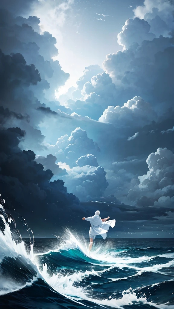 A man with white clothes floating in middle a sea. Storm everywhere. Dark sky.
