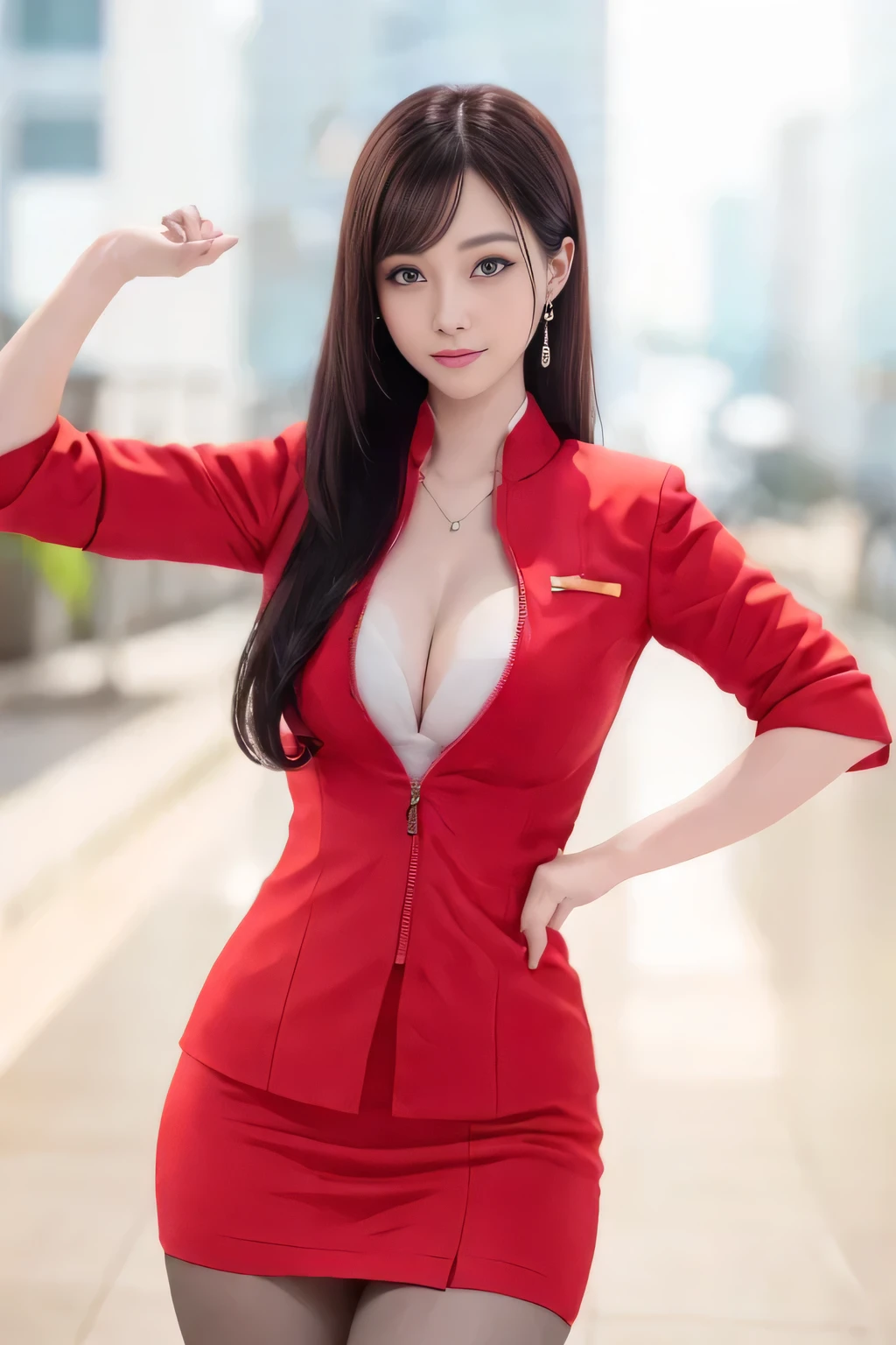 (masterpiece:1.2, Highest quality:1.2), 32k HDR, High resolution, (alone, 1 Girl), (AirAsia stewardess uniform realistic style), A proper woman, Beautiful Face, Brown Hair, (Long hair down to the legs), (Red jacket:1.1, Unzipped jacket, Unbuttoned white shirt:1.05, Red mini skirt:1.1, pantyhose),(Showing big through cleavage in unbuttoned white shirt)、(long hair that reaches down to the legs)、Perfect slim body:1.1, Huge breasts, huge breasts cleavage, Detailed skin texture, Beautiful Eyes, (Attractive look:1.2), necklace、Earrings、(forward leaning posture:1.5), On the roof of a building, Rooftop at daytime,Blue eyes、Hands should be lowered
