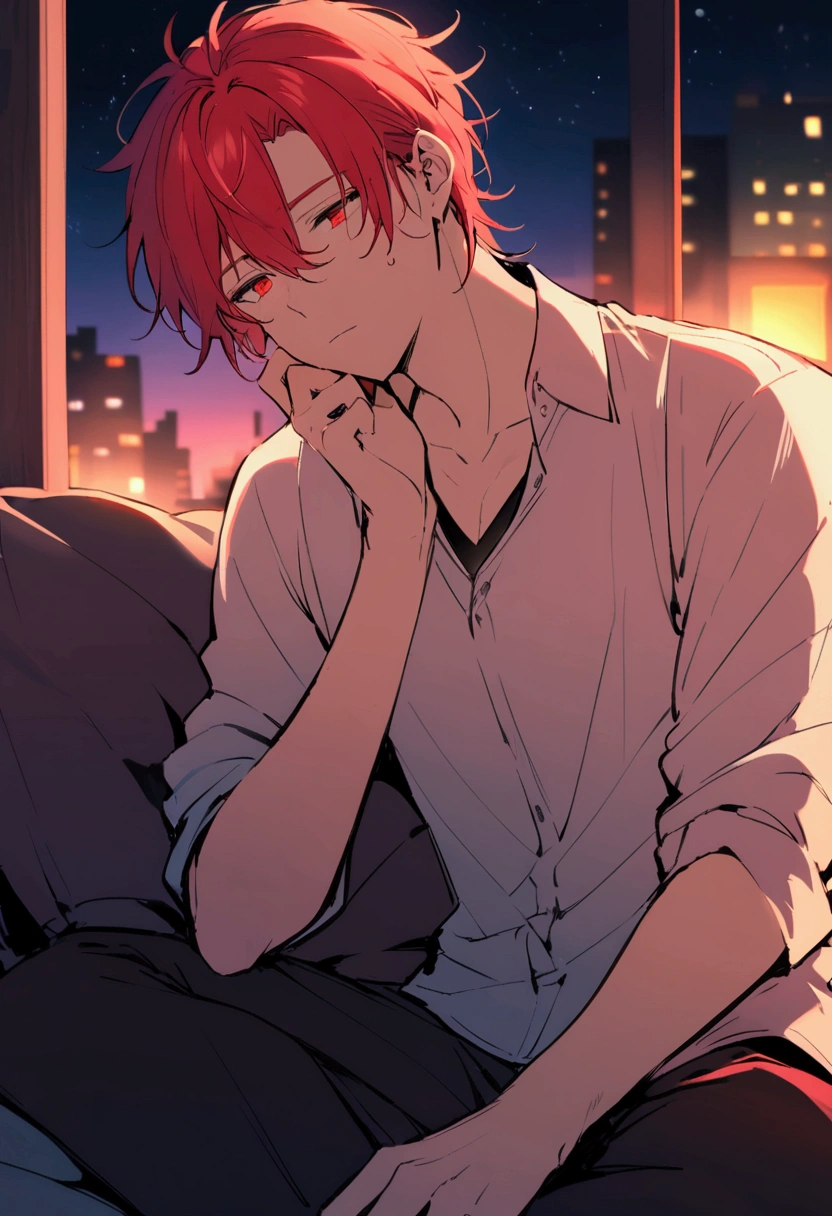 night, male, Red hair, Red Eye, ephemeral, sleepy