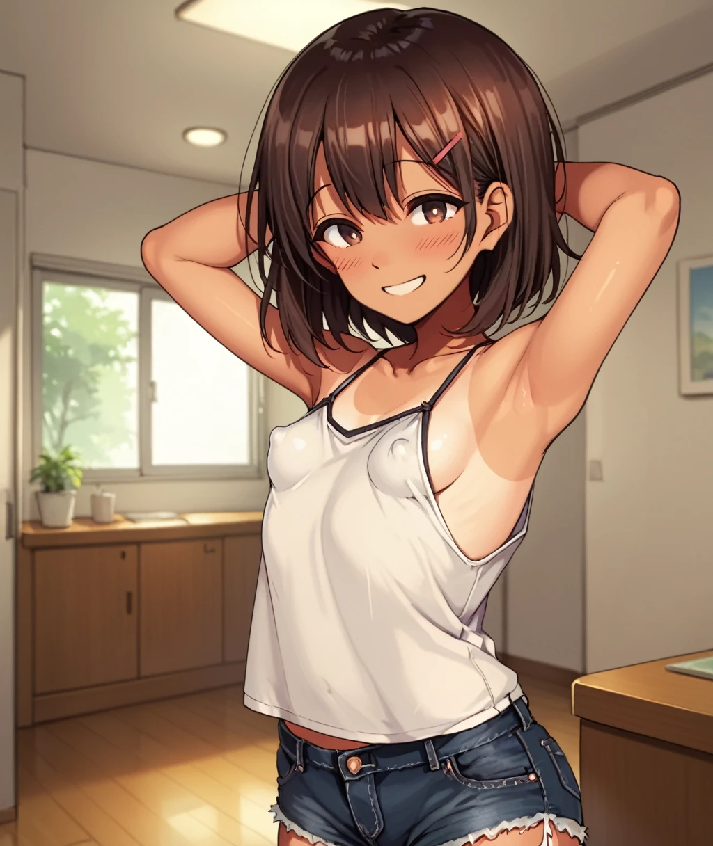 score_9, score_8_up, score_7_up, Motsuaki, source_anime, uncensored,
1girl, one-piece tan, small breasts, black camisole, brown eyes, smile, looking at viewer, standing, indoors, arms behind head, shorts, brown hair, medium hair, hair clip, erect nipples, sideboob,
