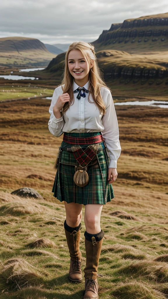 said view, (looking at viewer:1.3),  Full-body, standing ground, Scottish girl, 18 years-old, (blond hair , blew eye,  middle hair, smile ), A beautiful Scottish woman wearing traditional Highland dress, middle kilt skirt, including a tartan kilt and accessories like a sporran and sash, standing in a picturesque Scottish landscape. The scene should highlight the elegance and cultural richness of Scottish heritage,super detail, high details, high quality, accurate, anatomically correct, textured skin, beautiful fingers super detail, high details, high quality, best quality