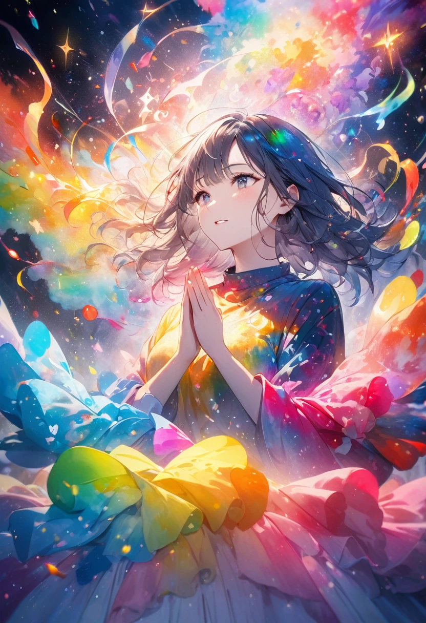 beautiful woman praying and cheering hard, various mark symbol effects, conceptual installation art, 2.5D, delicate and dynamic, fusion of watercolors and oil paintings, magic of vivid color shades and contrasts, gradation, foggy filter effects, glitter effects