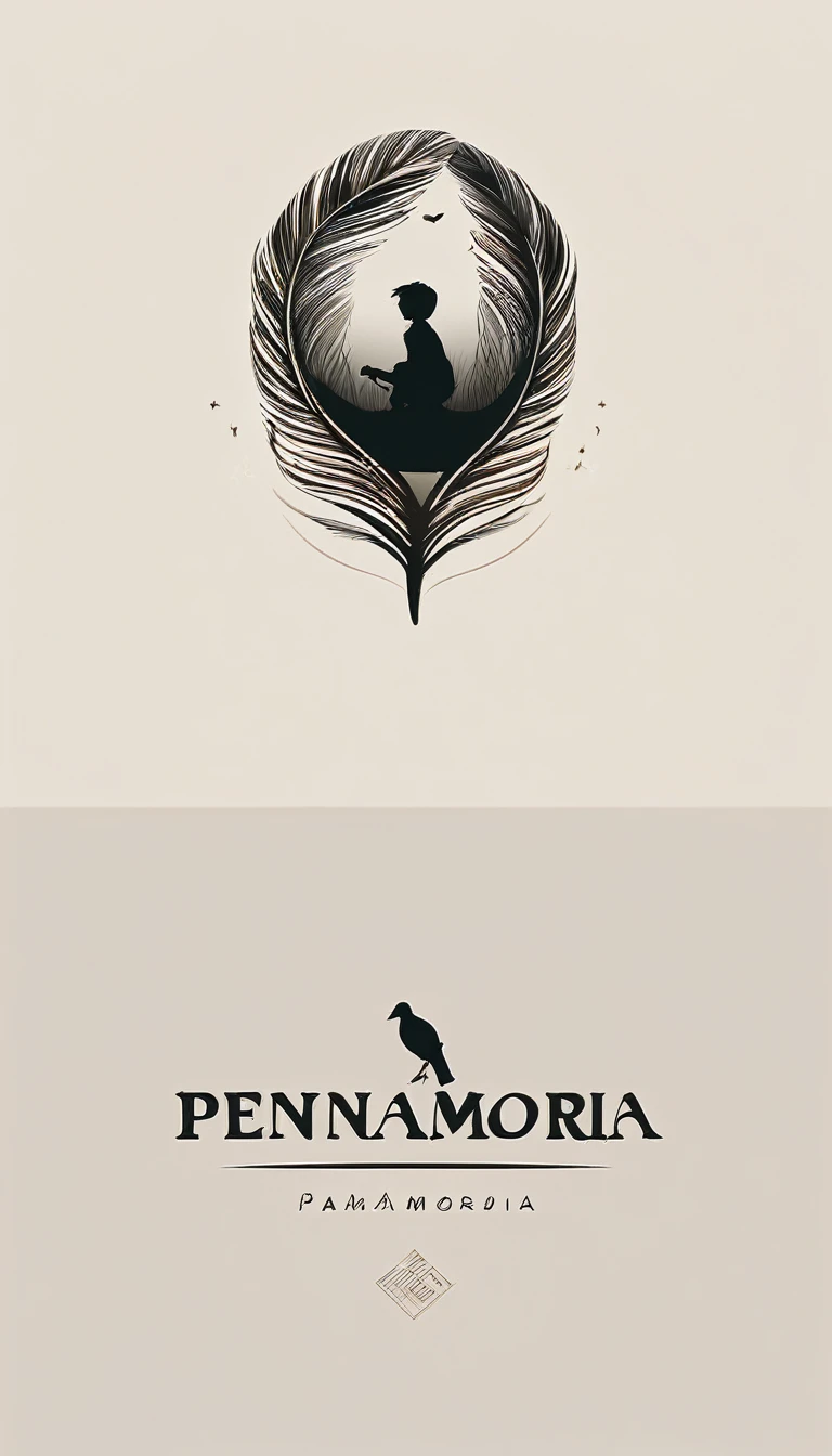 A minimal, modern, simple, cinematic logotype for the brand “Penamemoria". The logotype must be a simple, magical feather and a boy playing acoustic guitar. The logo must convey a sense of music, stories and dreams. Logo design impressed on a book cover. Minimalistic logo
