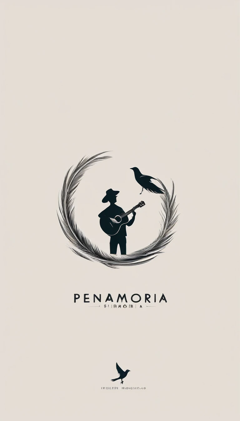 A minimal, modern, simple, cinematic logotype for the brand “Penamemoria". The logotype must be a simple, magical feather and a boy playing acoustic guitar. The logo must convey a sense of music, stories and dreams. Logo design impressed on a book cover. Minimalistic logo