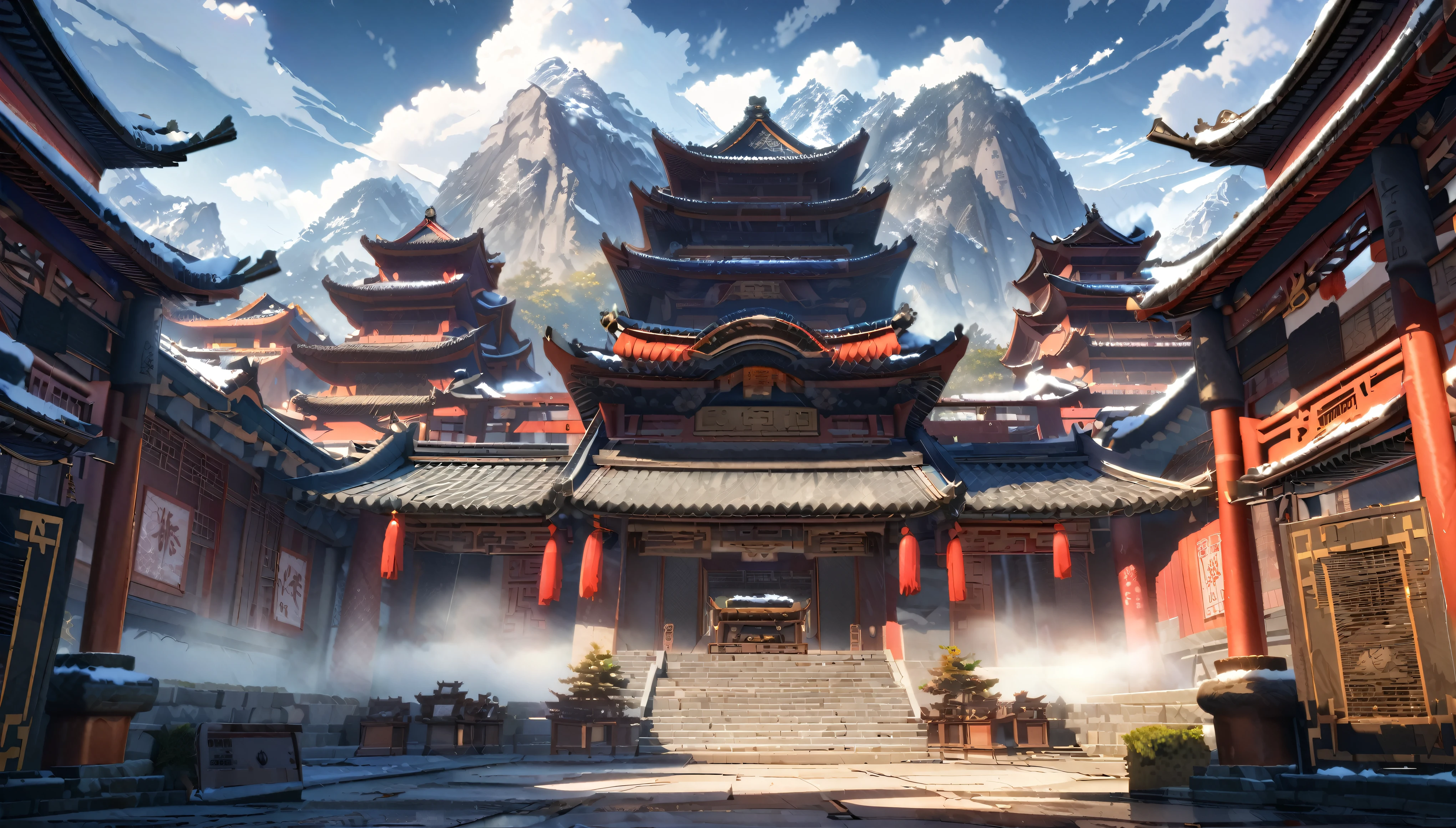 anime aestetics, anime landscape, view from the feet of the mountain, huge chinese sanctuary at the mountain, mountain covered in buildings, red walls. spiky roofs, ancient chinese architecture, transparent fog, big clouds, snowy mountaintops, mystic atmosphere, calm atmosphere, beautiful architecture, wide shot, atmospheric perspective, perspective, from below, 4K, 8k, best quality, award winning, super detail, masterpiece, UHD