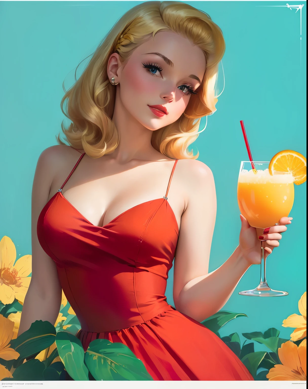 Arafed woman in a red dress holds a glass of orange juice, blonde, flower in hair, retro tease model, Pin up, tease model, Stylized digital illustration, Подкалывать girl, sixties Teasing, Pin up girl, Подкалывать poster girl, Drink, Atmosphere of the 1950s, official work of art, blonde, flower in hair