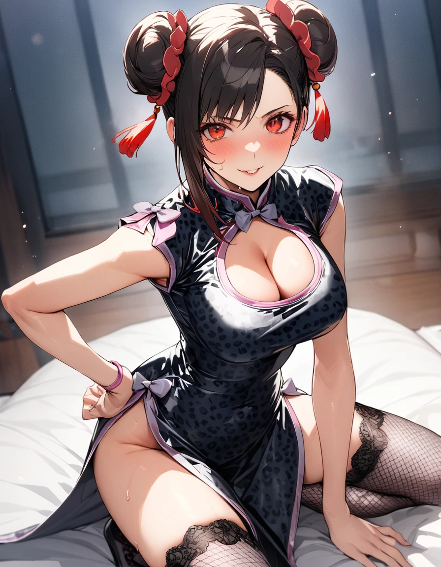 sdTifa, red eyes, double buns, china dress, cleavage cutout, lace trim, leopard print, fishnet thighhighs
, masterpiece, best quality, ultra high resolution