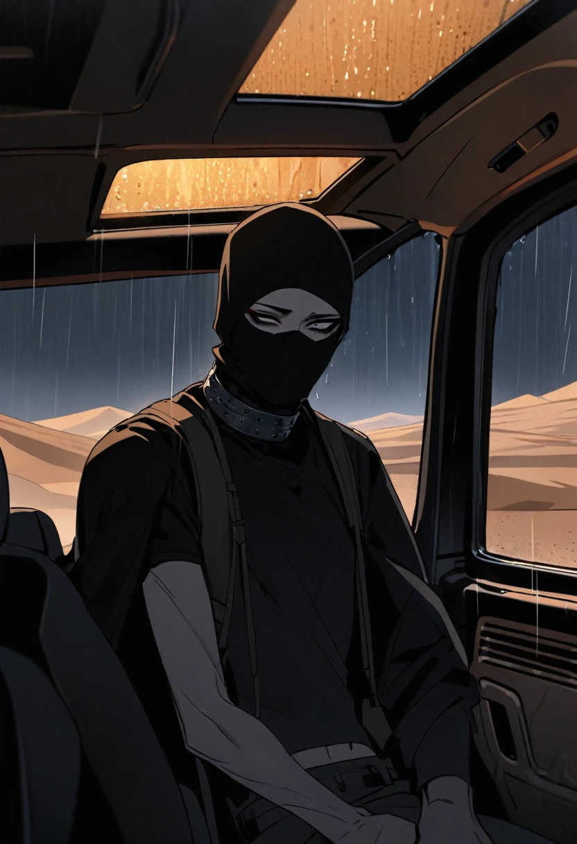 Male arab modern terrorist, terrorist, black balaclava, black bandage, black clothes, thin waist, skinny body, light skin, makeup, black eyeliner, big eyelashes, black eyeshadow, half open eyes, metal choker, inside the car, desert, night, rain