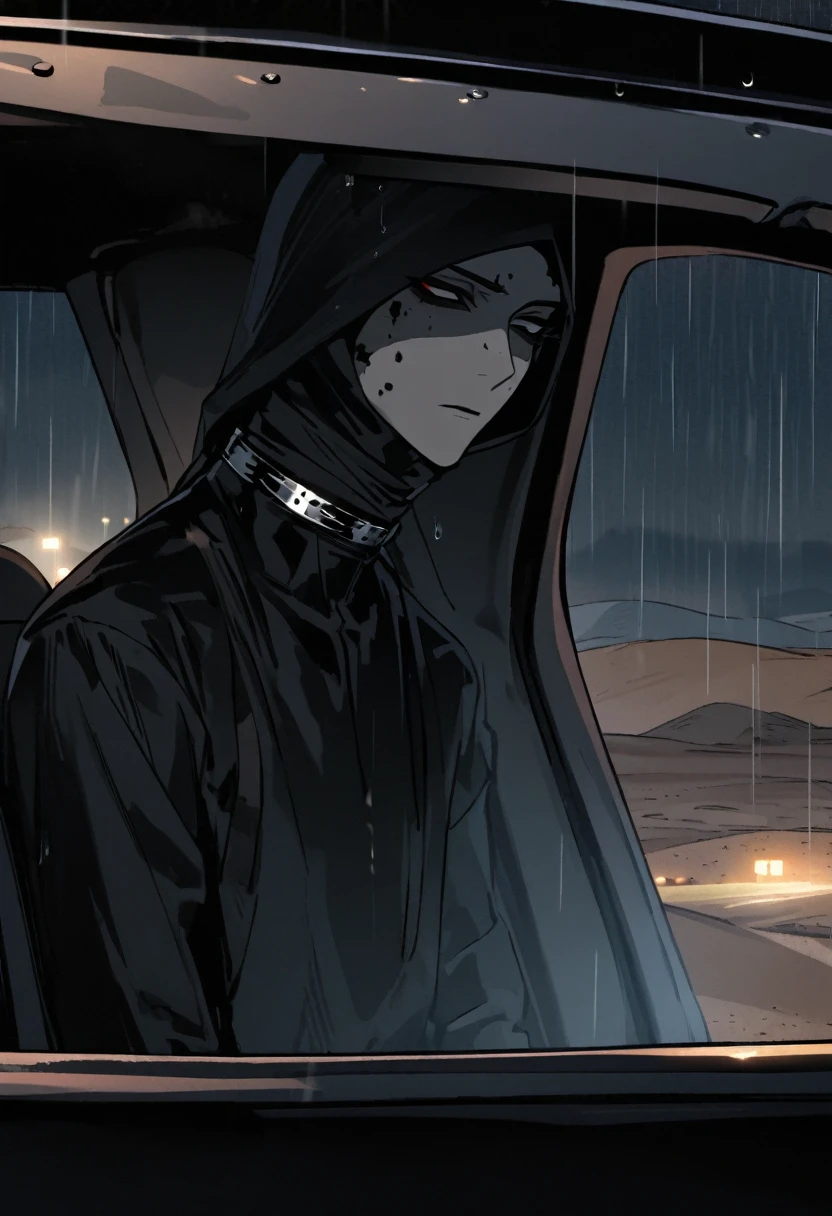 Male arab modern terrorist, terrorist, black balaclava, black bandage, black clothes, thin waist, skinny body, light skin, makeup, black eyeliner, big eyelashes, black eyeshadow, half open eyes, metal choker, inside the car, desert, night, rain