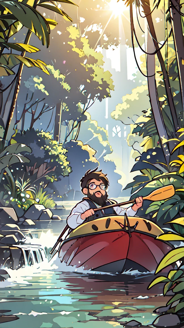 One boy, beard, Glasses, obesity, Solo Expedition, jungle, waterfall, Rocky area, Wet clothes, bag, Finding a way, nature, Strength, A sense of adventure, wild, Intensity of green, fog, Tree trunk, Silence, fresh air, full body