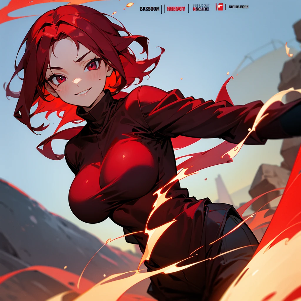 A girl with crimson red hair and maroon eyes with a black and red shirt that covers her whole torso and sweatpants and decent sized breasts smiling and a background with volcanoes and fire