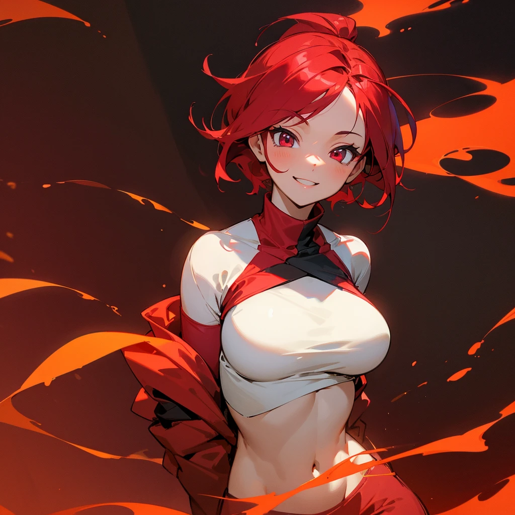 A girl with crimson red hair and maroon eyes with a black and red shirt that covers her whole torso and sweatpants and decent sized breasts smiling and a background with volcanoes and fire