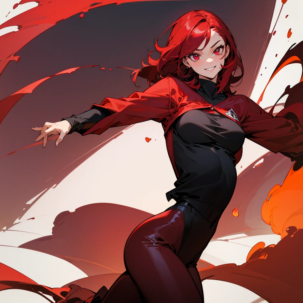 A girl with crimson red hair and maroon eyes with a black and red shirt that covers her whole torso and sweatpants and decent sized breasts smiling and a background with volcanoes and fire