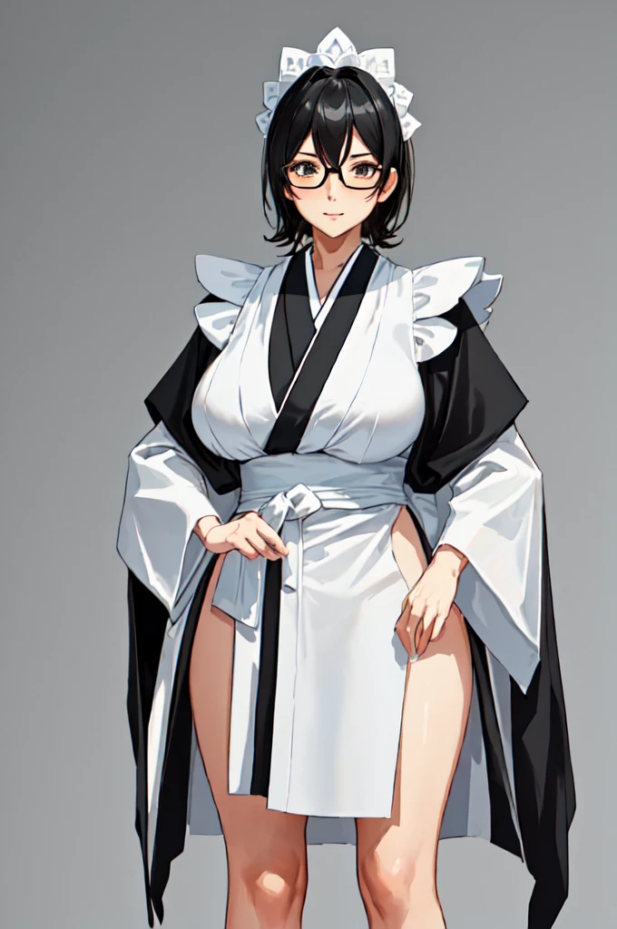 {{masterpiece}},high quality, 4K, 2D, 1 girl,{simple gray background},(attractive mature lady:1.6),milf,standing,sagging breasts,(gigantic breasts:1.5),kimono maid,front face,{{tareme}},attractive mature lady,black hair, {from right in front of face and body},View viewers from front,{front facing shot},Wear glasses,(serious:0.1)