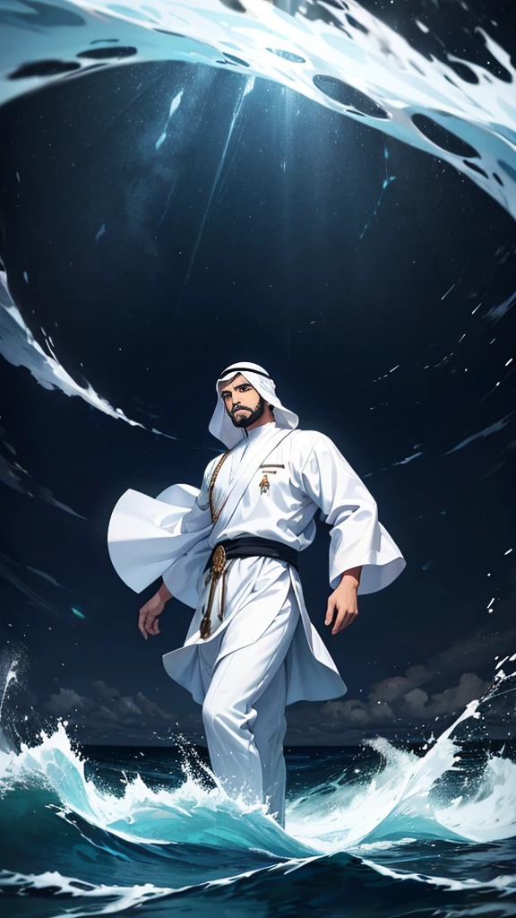 An arabic man with white clothes floating in middle a sea. Storm everywhere. Dark sky.