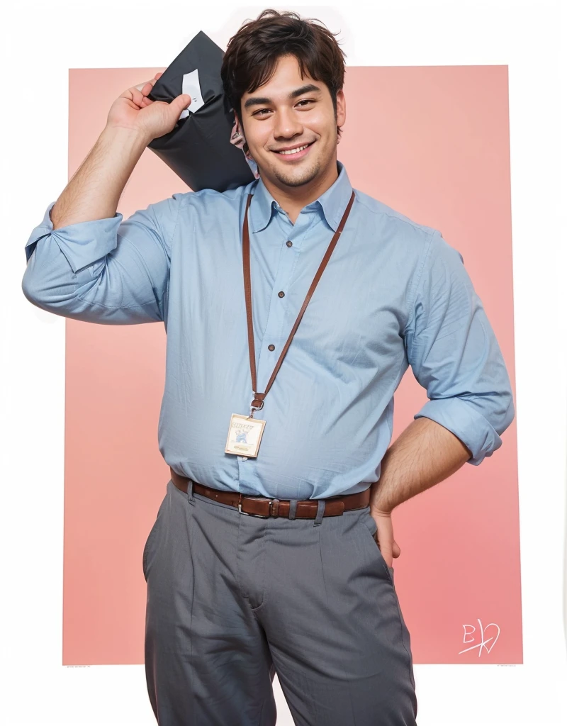 A man with a handsome face, a shy smile, a shy laugh, a big stomach and a fat body