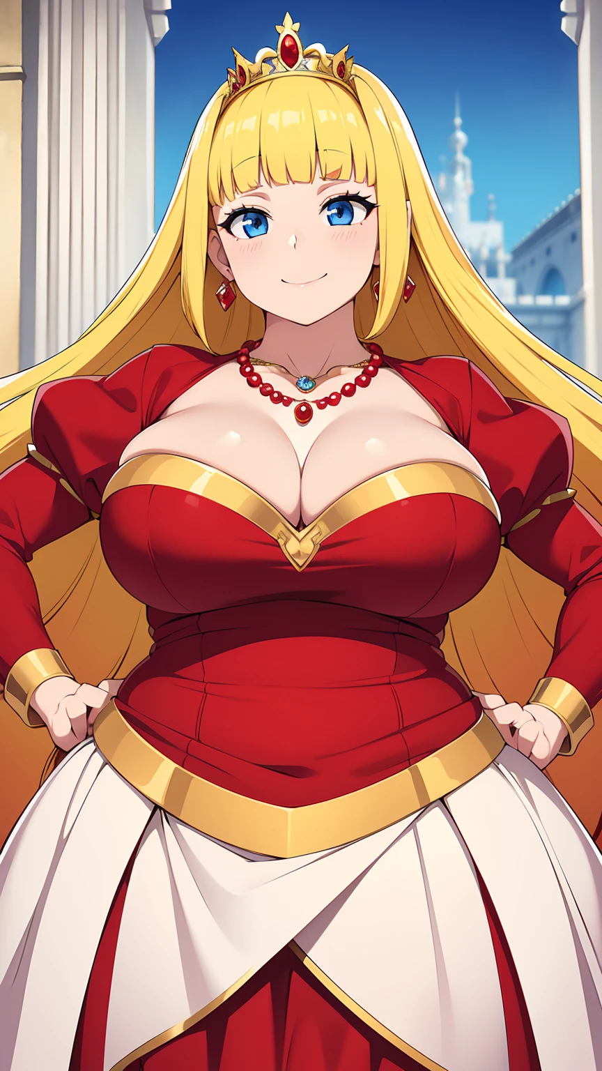 Red Princess Dress,tiara,earrings,necklace,smile,(Big Breasts),Chubby,Blue eyes,Yellow Hair,blunt bangs,Long Hair,royal palace,Gorgeous,1 Girl,master piece , best quality,(high resolution)