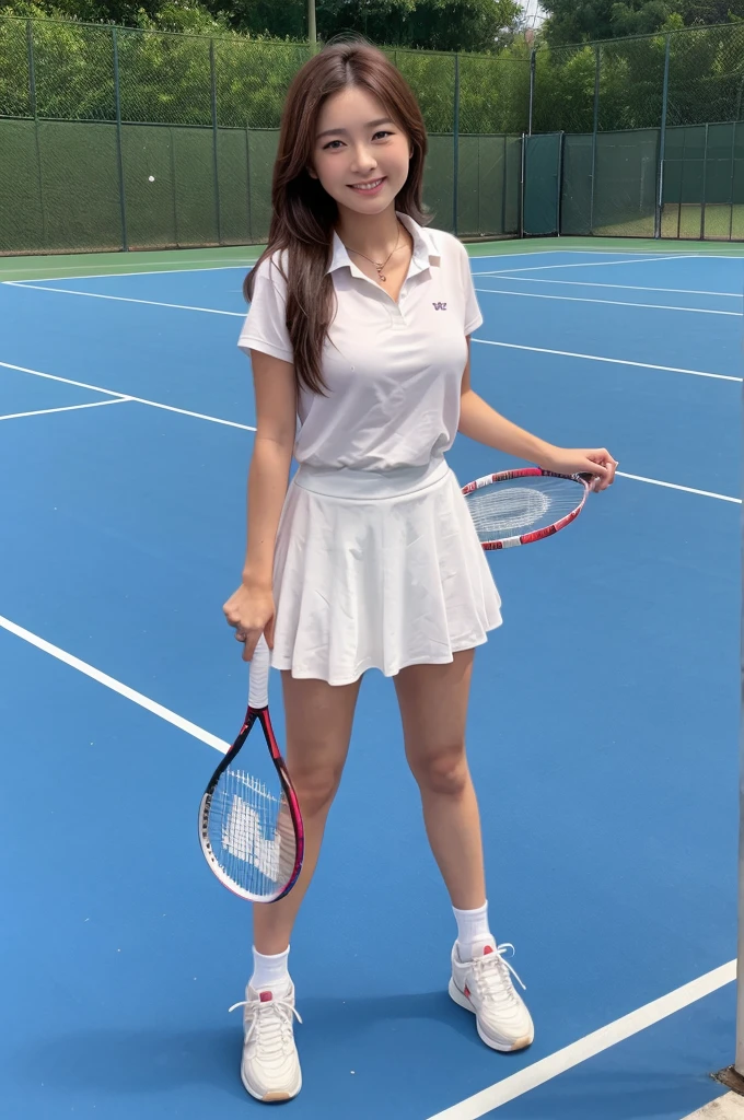 a beautiful asian girl posing on the tennis court with rackets, 1girl, racket, tennis racket, solo, realistic, brown hair, long hair, skirt, smile, grin