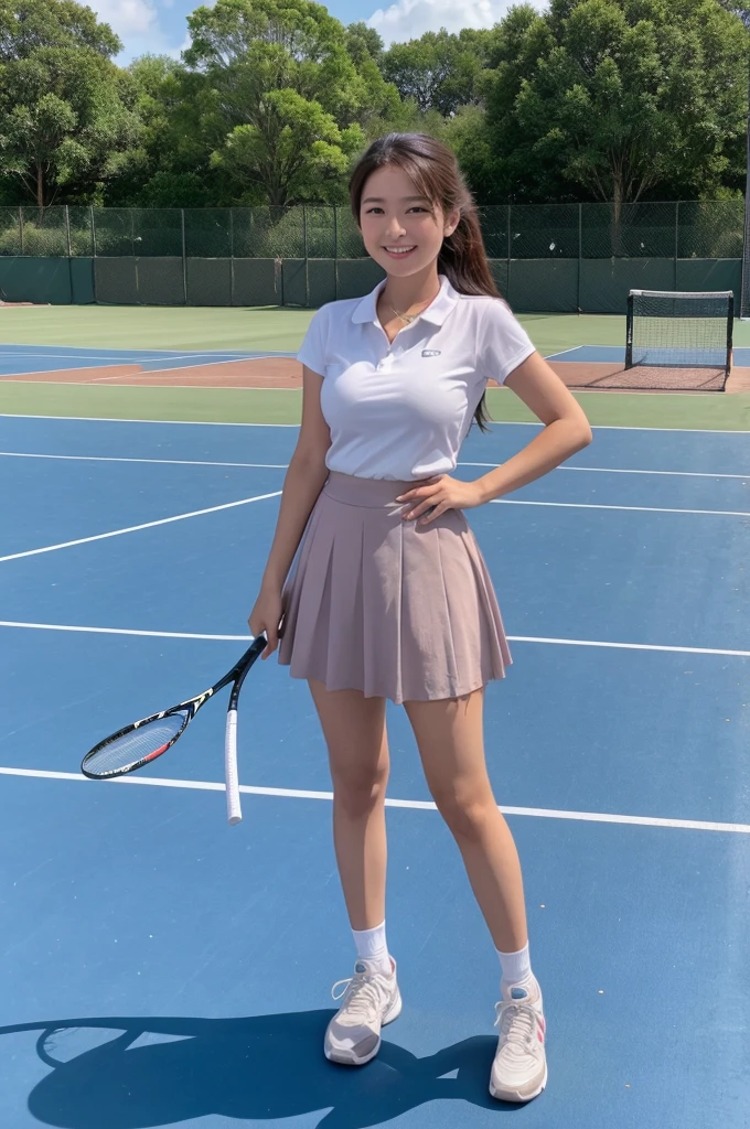 a beautiful asian girl posing on the tennis court with rackets, 1girl, racket, tennis racket, solo, realistic, brown hair, long hair, skirt, smile, grin