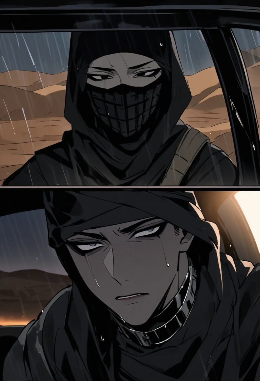 Male arab modern terrorist, terrorist, black balaclava, black bandage, black clothes, thin waist, femboy, light skin, makeup, black eyeliner, big eyelashes, black eyeshadow, half open eyes, metal choker, inside the car, desert, night, rain