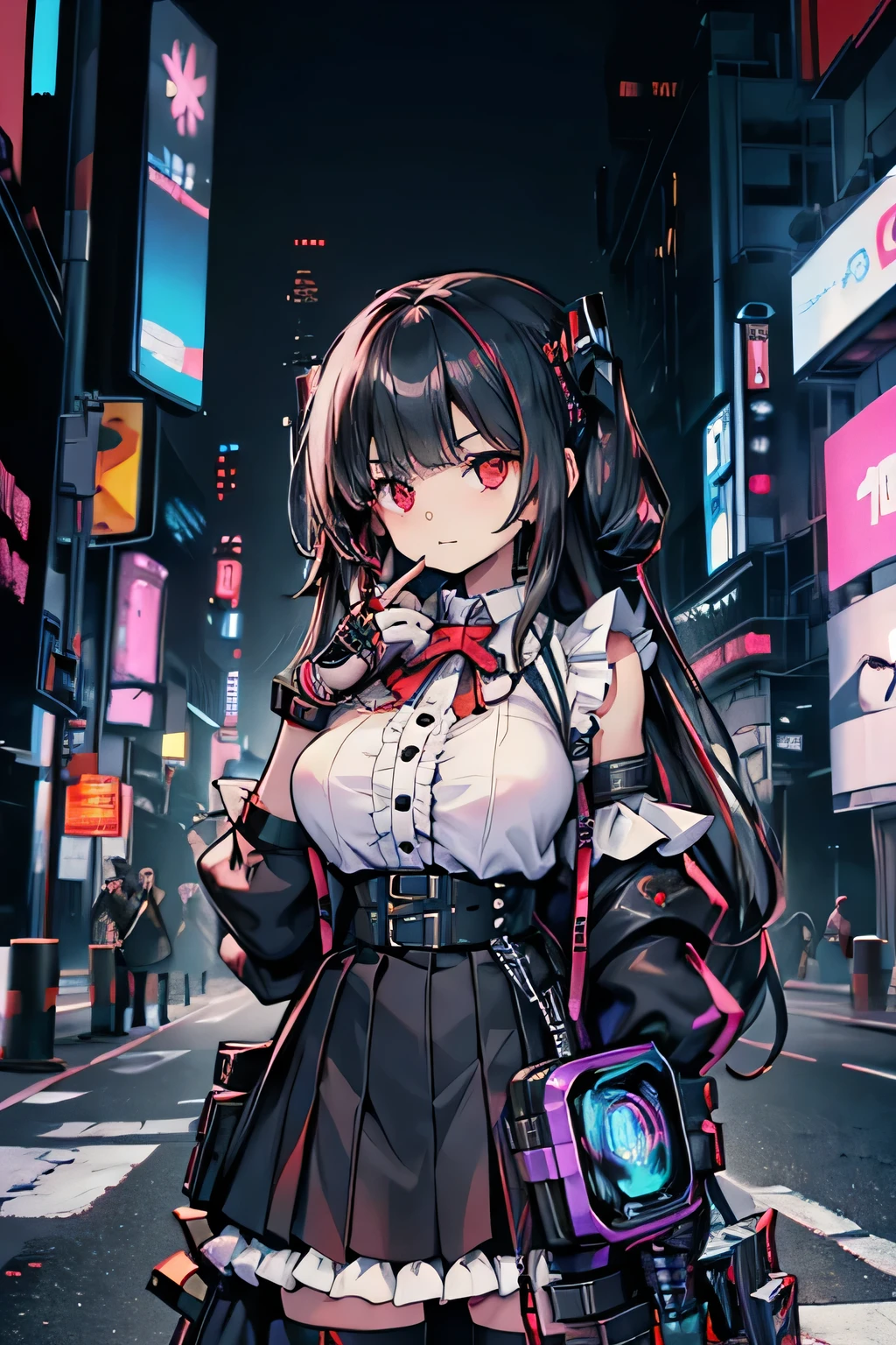 A young girl, 10-year-old, huge breasts, cute, messy black hair, long hair, red eyes, anxious expression, white frilled blouse, black frilled skirt, looking at the viewer, cyborg, cyberpunk, prosthetic arm, hacker, gun, gun holster